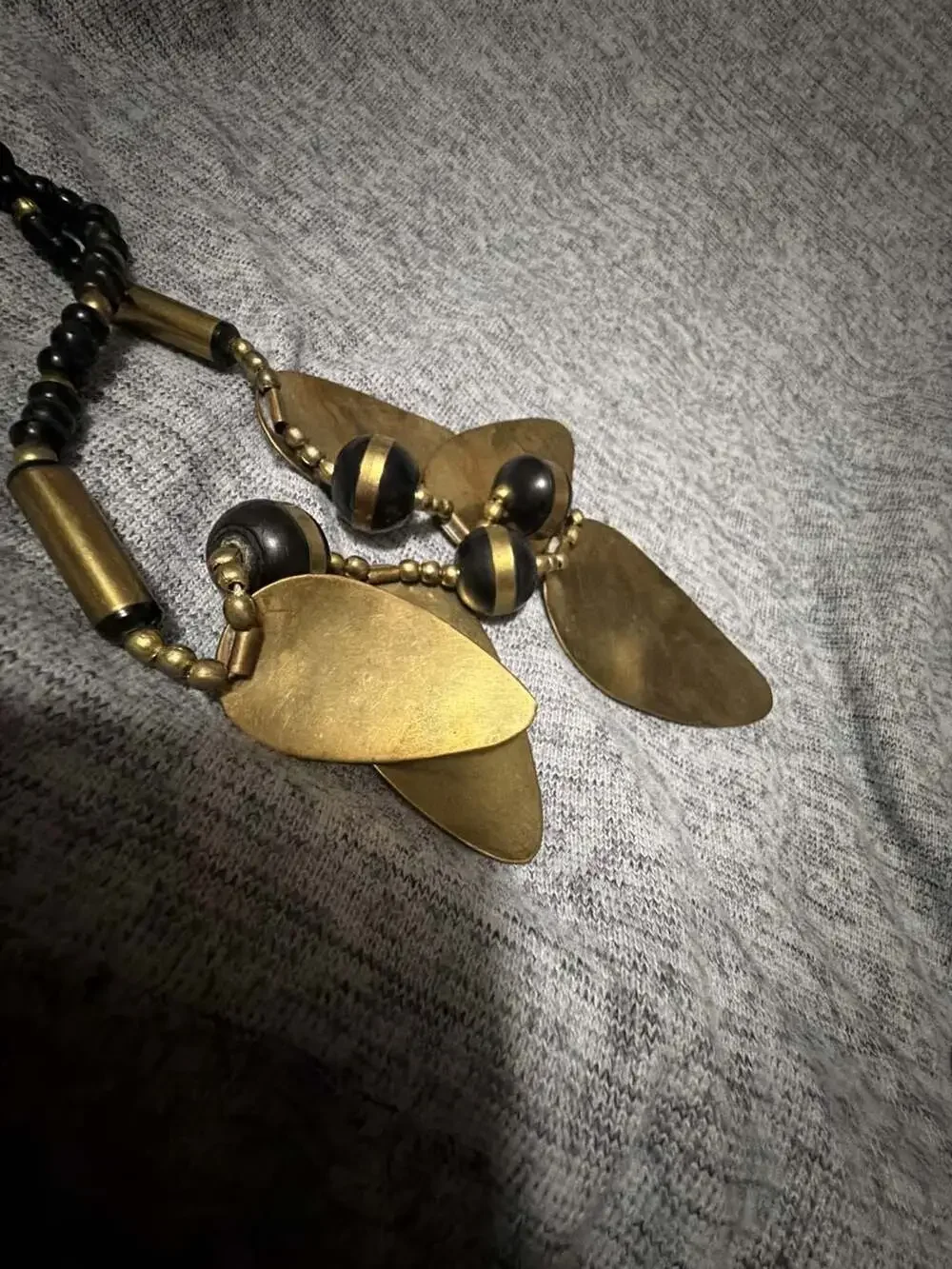 Vintage Statement Necklace Brass Copper Black Bone Bead Tribal Boho